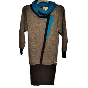 Vintage Dressy Tessy Medium Sweater Dress 80's Retro, Gray Black Teal, Cowl Neck